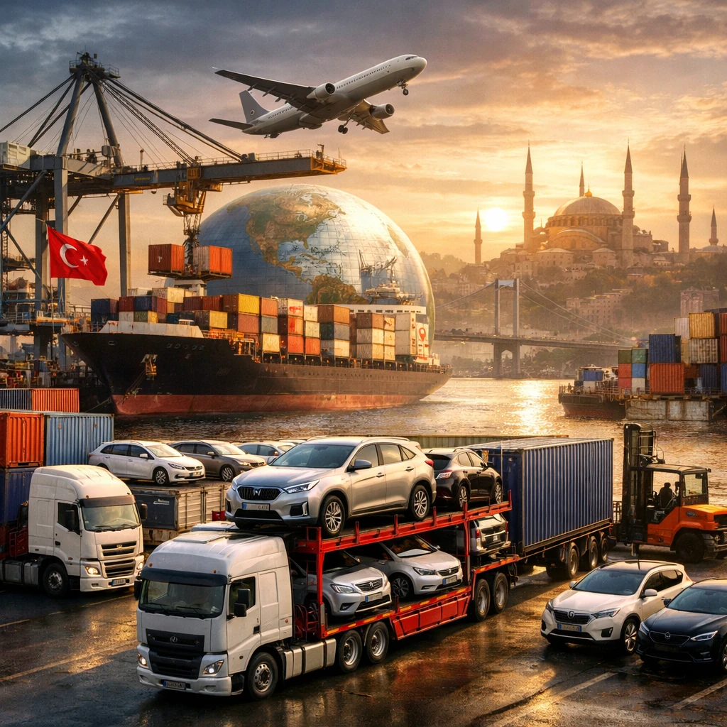 Vehicle export logistics with ships, trucks and air freight in Istanbul