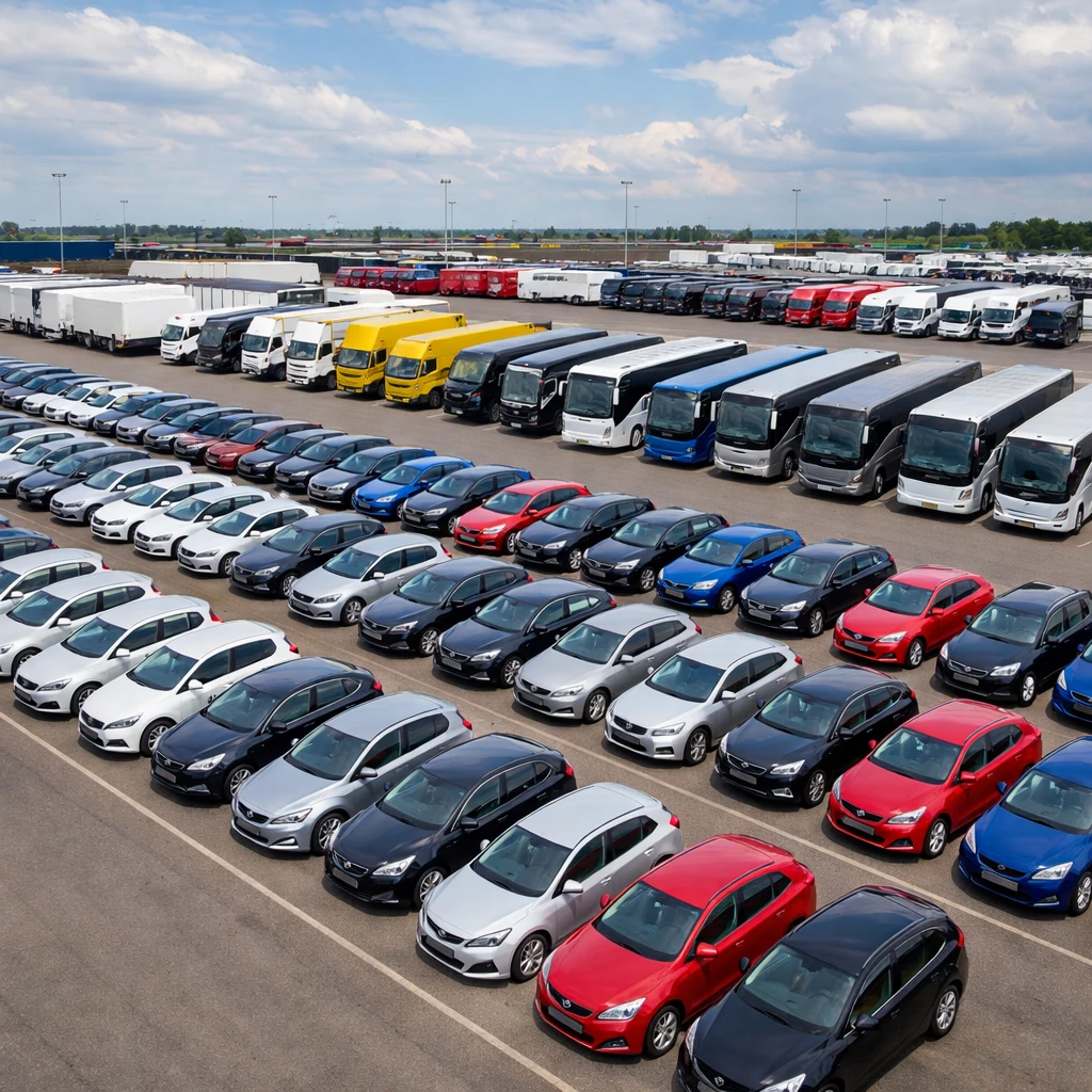 Passenger cars, vans and buses arranged in an outdoor vehicle lot